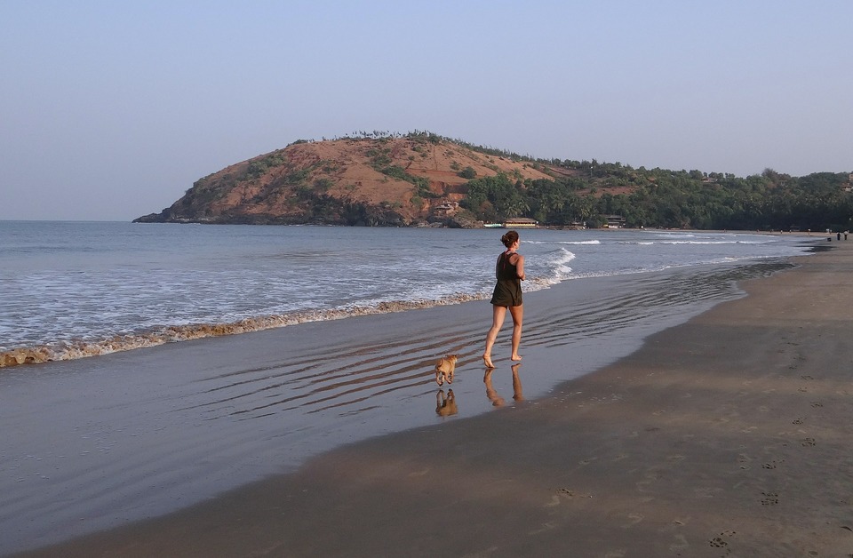 Eine Frau läuft mit ihrem Hund. Sie können mit Ihrem Hund unter allen Bedingungen laufen, auch am Meeresstrand.