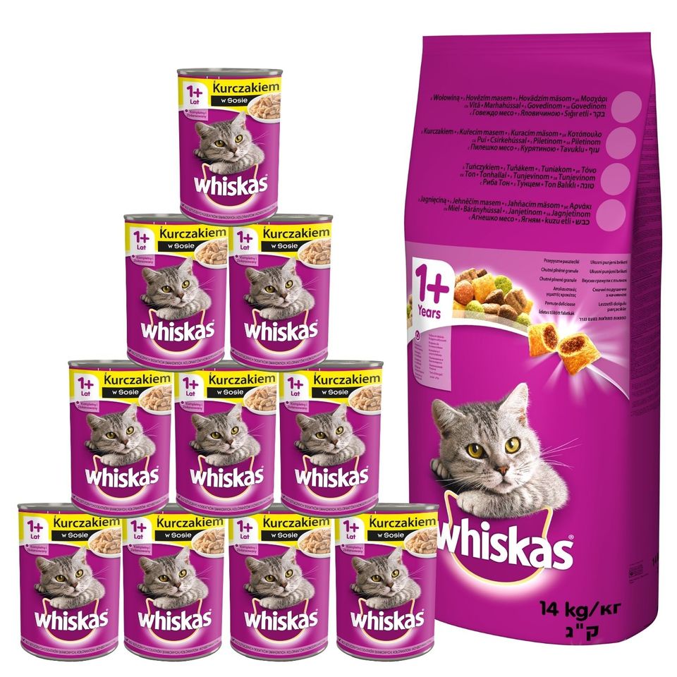WHISKAS Adult 14kg Huhn und Gemüse + Nassfutter 24x400g Katze Katzenfutter und Snacks