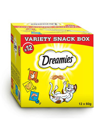 DREAMIES Variety Snack Box Katzensnacks mit verschiedenen Geschmacksrichtungen Huhn, Käse & Lachs 12 x 60g
