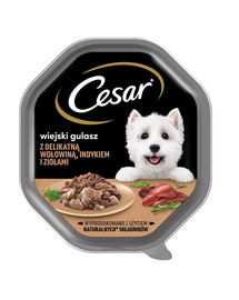 CESAR Schale 14x150 g Nass-Alleinfutter für ausgewachsene Hunde in Sauce mit zartem Rindfleisch, Pute und Kräutern