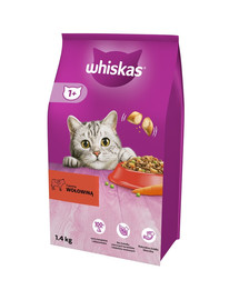 WHISKAS Adult 6x1,4 kg Trockenvollnahrung für ausgewachsene Katzen mit leckerem Rindfleisch