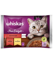 WHISKAS Adult 4 x 85 g Juicy Bites Nassfutter für Katzen mit Rindfleisch, Huhn