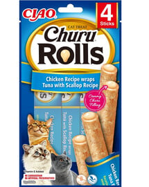 INABA Churu Rolls Chicken 4x10g Wraps mit Huhn, Thunfisch und Jakobsmuscheln für Katzen