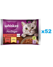 WHISKAS Adult 52 x 85g Juicy Bites Nassfutter für Katzen mit Rindfleisch, Huhn