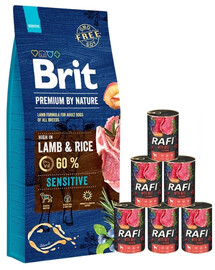 BRIT Premium By Nature Sensitive Lamb 15 kg + Nassfutter mit Rind 6x400 g