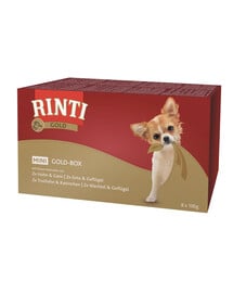 RINTI Gold Multibox Mini Schale Huhn und Gans, Truthahn und Kaninchen, Ente und Geflügel, Wachtel und Geflügel 8x100g