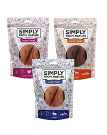 SIMPLY FROM NATURE Fleischstreifen mit Kaninchen, Pferdefleisch, Pute für Hunde 3x80 g