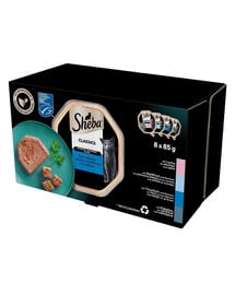 SHEBA Classics Fishy Flavours 32x85g Terrine mit Lachs, Weißfisch und Karotten, Thunfisch und Gemüse, Kabeljau