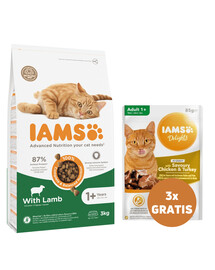 IAMS for Vitality mit Lamm für adulte Katzen 3 kg + 3 x Huhn und Truthahn in Soße 85 g GRATIS