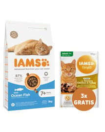 IAMS for Vitality mit Meeresfischen für ausgewachsene Katzen 3 kg + 3 x Huhn und Truthahn in Soße 85 g