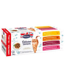 BUTCHER'S Delicious Dinners Jumbo Pack Gelee für ausgewachsene Katzen 40x100g Gemischte Geschmacksrichtungen Huhn Gerichte