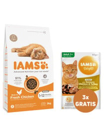 IAMS For Vitality Cat Adult Hairball Chicken 3 kg + 3 x Huhn und Truthahn in Soße 85 g