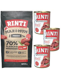 RINTI MAX-I-MUM Beef Rind 12 kg + Kennerfleisch Beef Nassfutter Rind 3x400 g