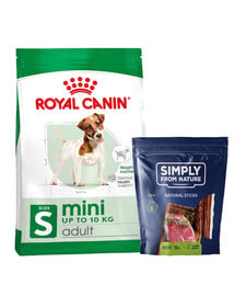 ROYAL CANIN Mini Adult 8kg  + SIMPLY FROM NATURE mit Rind 3 Stück