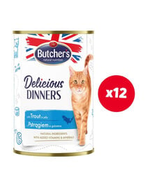 BUTCHER'S Delicious Dinners, karma dla kota, kawałki z pstrągiem w galaretce, 400g