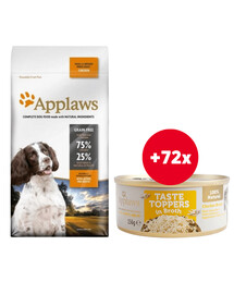 APPLAWS Adult Kleine & Mittlere Rassen Hundefutter mit Huhn 15 kg + Hühnerbrust in Brühe 72 x 156 g GRATIS