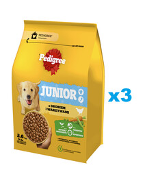 PEDIGREE Junior 3x2,6 kg z drobiem i warzywami sucha karma pełnoporcjowa dla dorastających psów dużych i średnich ras