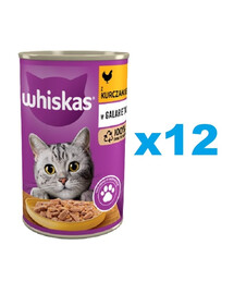WHISKAS Adult puszka 12x400 g - mokra karma pełnoporcjowa dla dorosłych kotów, kawałki z kurczakiem w galaretce