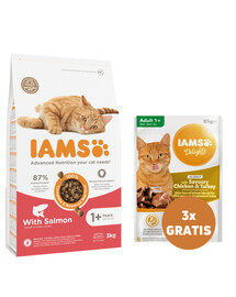 IAMS for Vitality dla dorosłych kotów z łososiem 3 kg + 3 x kurczak i indyk w sosie 85 g