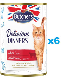 BUTCHER'S Delicious Dinners, karma dla kota, kawałki z wołowiną w galaretce 6 x 400g