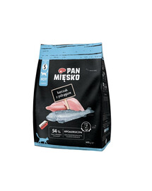 PAN MIĘSKO Trockenfutter mit Hähnchen und Forelle für adulte Katzen S 400 g