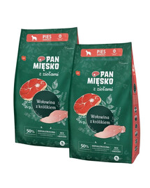 PAN MIĘSKO mit Kräutern Trockenfutter mit Rind und Kaninchen für adulte mittlere Hunde M 2x9 kg