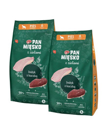 PAN MIĘSKO Trockenfutter mit Kräutern Truthahn und Ente hypoallergen für adulte Hunde M 2x9 kg