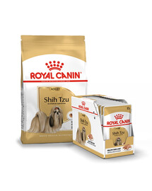 ROYAL CANIN Shih Tzu Adult Trockenfutter für adulte Hunde der Rasse Shih Tzu 1,5 kg + Nassfutter in Soße 12 x 85 g