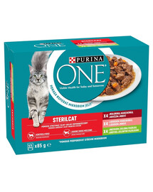 PURINA ONE Sterilcat Nassfutter mit Rind und Karotte, mit Lachs und Karotte, mit Pute und grünen Bohnen für Katzen nach der Sterilisation 12x85g