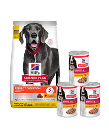 HILL'S Science Plan Canine Adult Large Perfect Digestion Chicken and Brown Rice 14kg Futter für gesunde Verdauung für große Hunde + 3 Dosen GRATIS