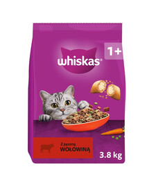 WHISKAS Trockenfutter mit Rind für adulte Katzen 3x3,8 kg