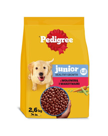 PEDIGREE Junior Trockenfutter mit Rind und Gemüse für Welpen mittelgroßer und großer Rassen 3x2,6 kg