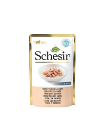 SCHESIR Nassfutter Thunfisch mit Lachs in Gelee für adulte Katzen 12x50g