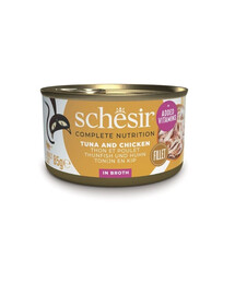 SCHESIR Nassfutter Thunfisch mit Hähnchen und Reis in Brühe für Katzen 12x85 g