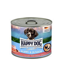 HAPPY DOG Sensible Puppy Junior Nassfutter Huhn, Lachs und Kartoffel für Welpen und junge Hunde 200 g