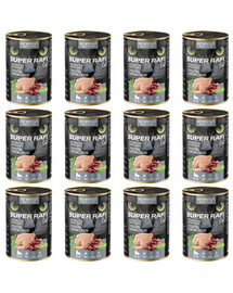 SUPER RAFI Nassfutter Perlhuhn und Entenherzen für adulte sterilisierte Katzen getreidefrei 12x400g