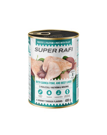 SUPER RAFI Nassfutter mit Perlhuhn und Rinderleber für adulte Hunde getreidefrei 400 g