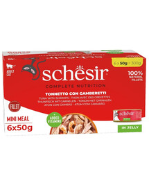 SCHESIR Nassfutter Thunfisch mit Garnelen in Gelee für adulte Katzen 6x50 g