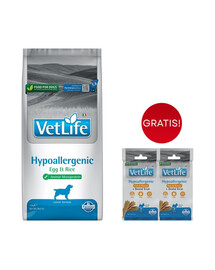 FARMINA Vet Life Hypoallergenic Egg & Rice dog für Hunde mit Allergie 12 kg + dentale Leckerei Fisch, Kartoffel 2x60 g GRATIS!