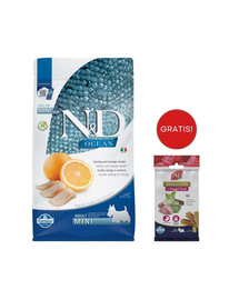 FARMINA N&D Ocean Dog Adult Mini Hering und Orange für kleine Rasse 2,5 kg + Zahnpflege-Leckerli 60 g (7 St.) GRATIS!