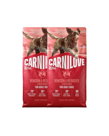 CARNILOVE Active Trockenfutter Wild, Rentier und Wildschwein für adulte Hunde getreidefrei 2x12 kg