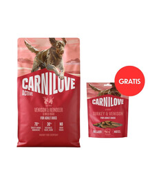 CARNILOVE Active Trockenfutter Wild, Rentier und Wildschwein für adulte Hunde getreidefrei 4 kg + Jerky Truthahn mit Venison 100g