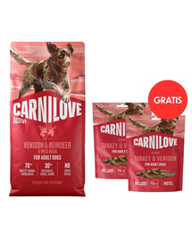 CARNILOVE Active Trockenfutter Wild, Rentier und Wildschwein für adulte Hunde getreidefrei 12 kg + Jerky Turkey with Venision 2x100g
