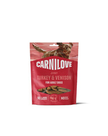 CARNILOVE Jerky Turkey with Venision Snacks mit Truthahn und Wild für adulte Hunde 100g
