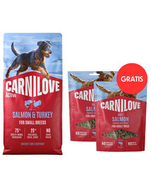 CARNILOVE Active Trockenfutter Lachs und Pute für adulte Hunde kleiner Rassen getreidefrei 12 kg + Soft Snack Salmon Small Bite 2x200g