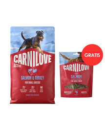 CARNILOVE Active Trockenfutter Lachs und Pute für adulte Hunde kleiner Rassen getreidefrei 4 kg + Soft Snack Salmon Small Bite 200g