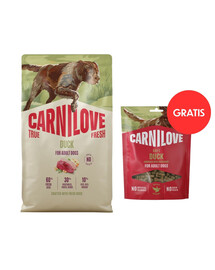 CARNILOVE True Fresh Duck Adult Trockenfutter mit Ente für adulte Hunde aller Rassen getreidefrei 4 kg+ Soft Snack Duck 200g