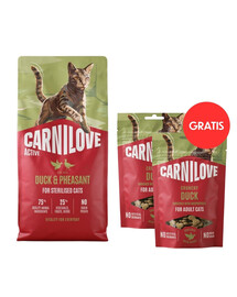 CARNILOVE Active Sterilised Trockenfutter Ente und Fasan für sterilisierten Katzen getreidefrei 6 kg + Crunchy Snack Cat Duck 2x50 g