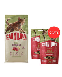 CARNILOVE True Fresh Sterilised Trockenfutter mit Ente für kastrierte Katzen getreidefrei 6 kg + Crunchy Snack Duck 2x50 g