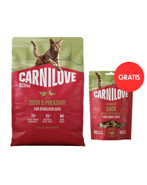 CARNILOVE Active Sterilised Trockenfutter Ente und Fasan für sterilisierten Katzen getreidefrei 2 kg + Crunchy Snack Cat Duck 50 g